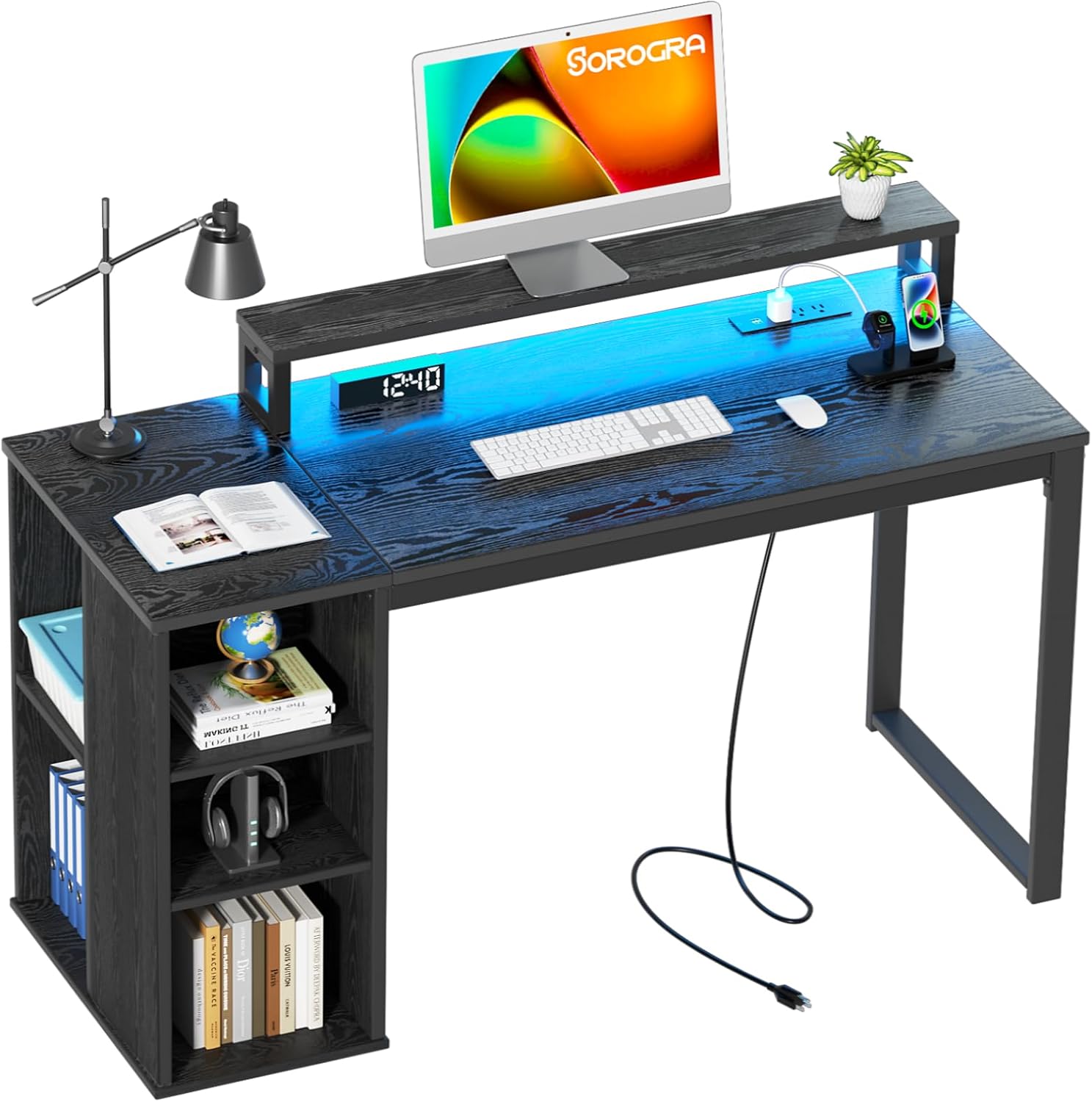 39.4 inch No Assembly Required Folding Desk and Computer Desk with LED Lights and Power Outlets