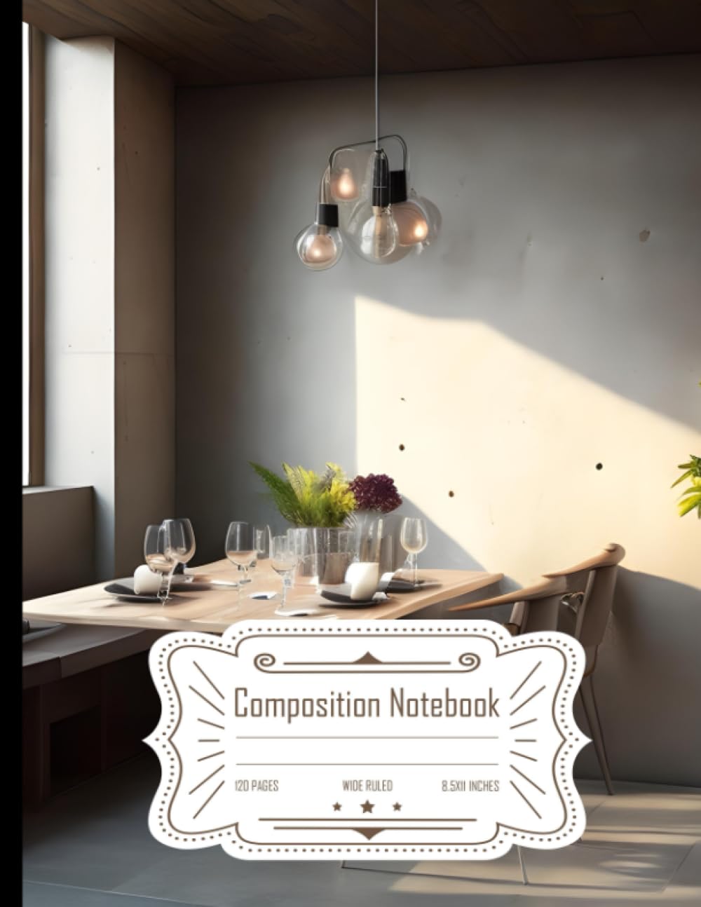Composition Notebook Wide Ruled: Concrete Stone Wall with Small Wooden Dining Table, Ideal for Writing, Size 8.5x11 Inches, 120 Pages