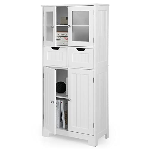 Tangkula Tall Bathroom Storage Cabinet, Freestanding Floor Cabinet w/ 2 Double Door Cabinet & 2 Drawers, 3-Position Adjustable Shelves, Bathroom Storage for Bathroom Living Room Kitchen