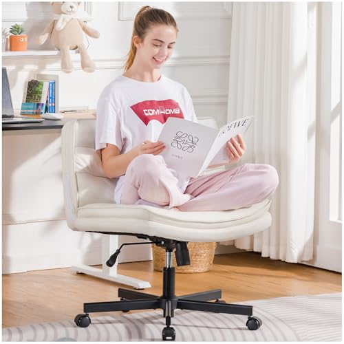 COMHOMA Criss Cross Chair with Wheels, Armless Wide Cross Legged Office Chair Mid Back, Modern Home Office Desk Chair Swivel Adjustable Vanity Computer Chair, Gray