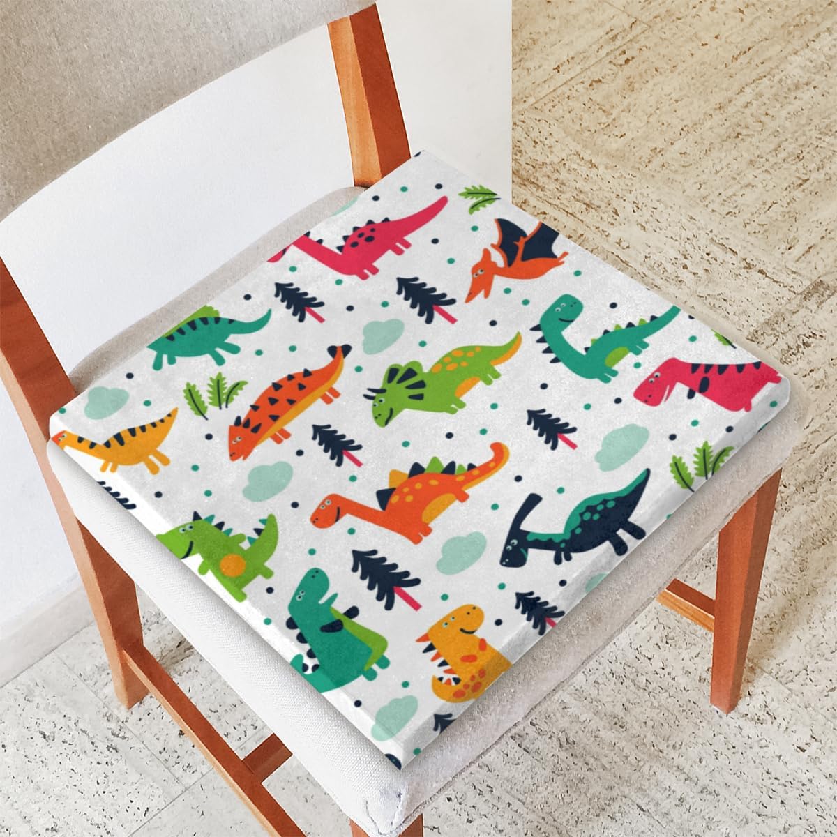 Cartoon Dinosaur Chair Cushion 16x16 Inch Memory Foam Seat Cushion with Removable Cover Square Soft Chair Pads for Dining Office Room Chairs Back Seat Cover
