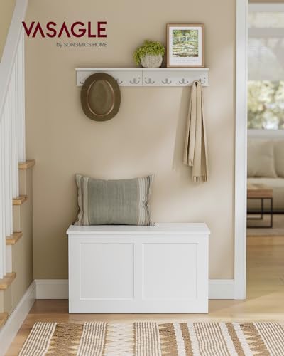 VASAGLE Storage Chest, Storage Trunk with 2 Safety Hinges, Storage Bench, Shoe Bench, Farmhouse Style, 15.7 x 31.5 x 18.3 Inches, for Entryway, Bedroom, Living Room, Cloud White ULSB064W01