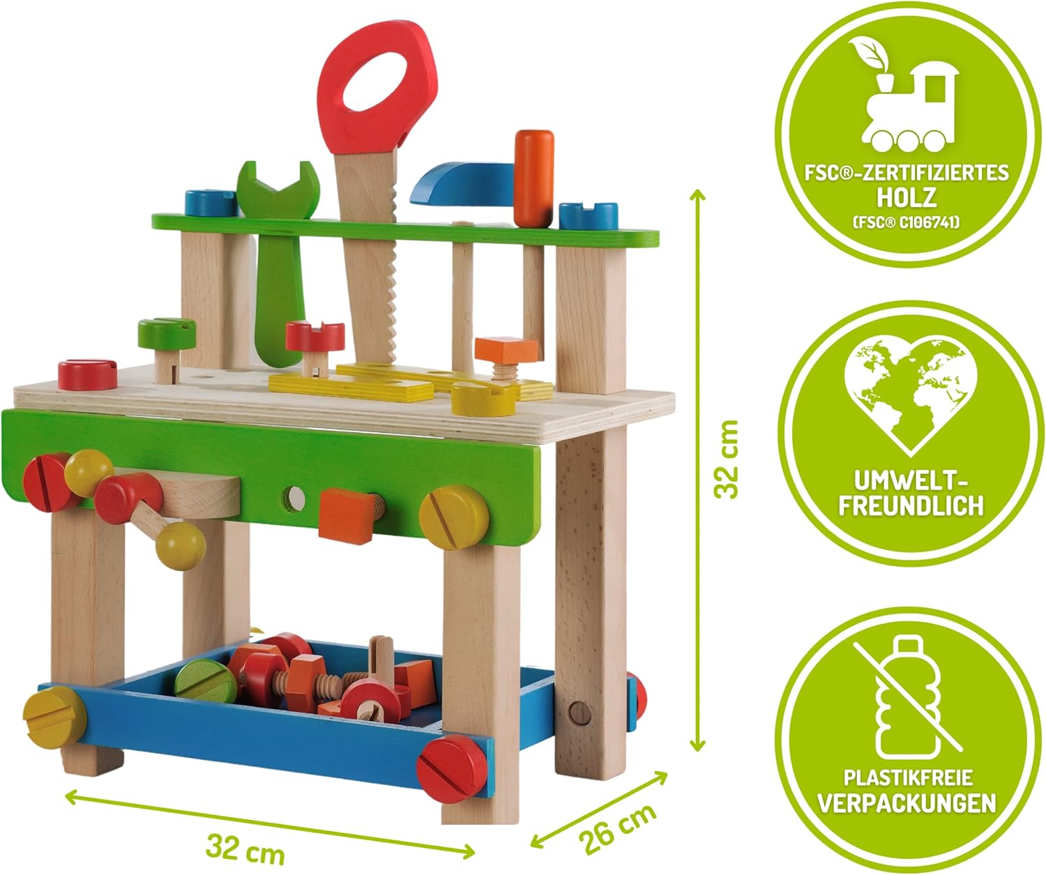 Toddler Workbench with Tools. Wooden Building Set Hammer Toy