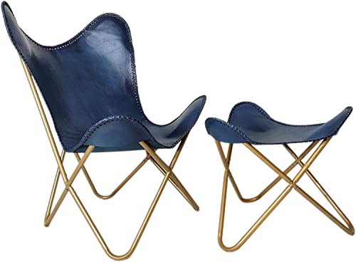 Vintage Leather Butterfly Chair with Footstool Folding Modern Sling Loung Accent | Home Décor | Classic Handmade Chair (Fold-able Stand with Foot Stool) White