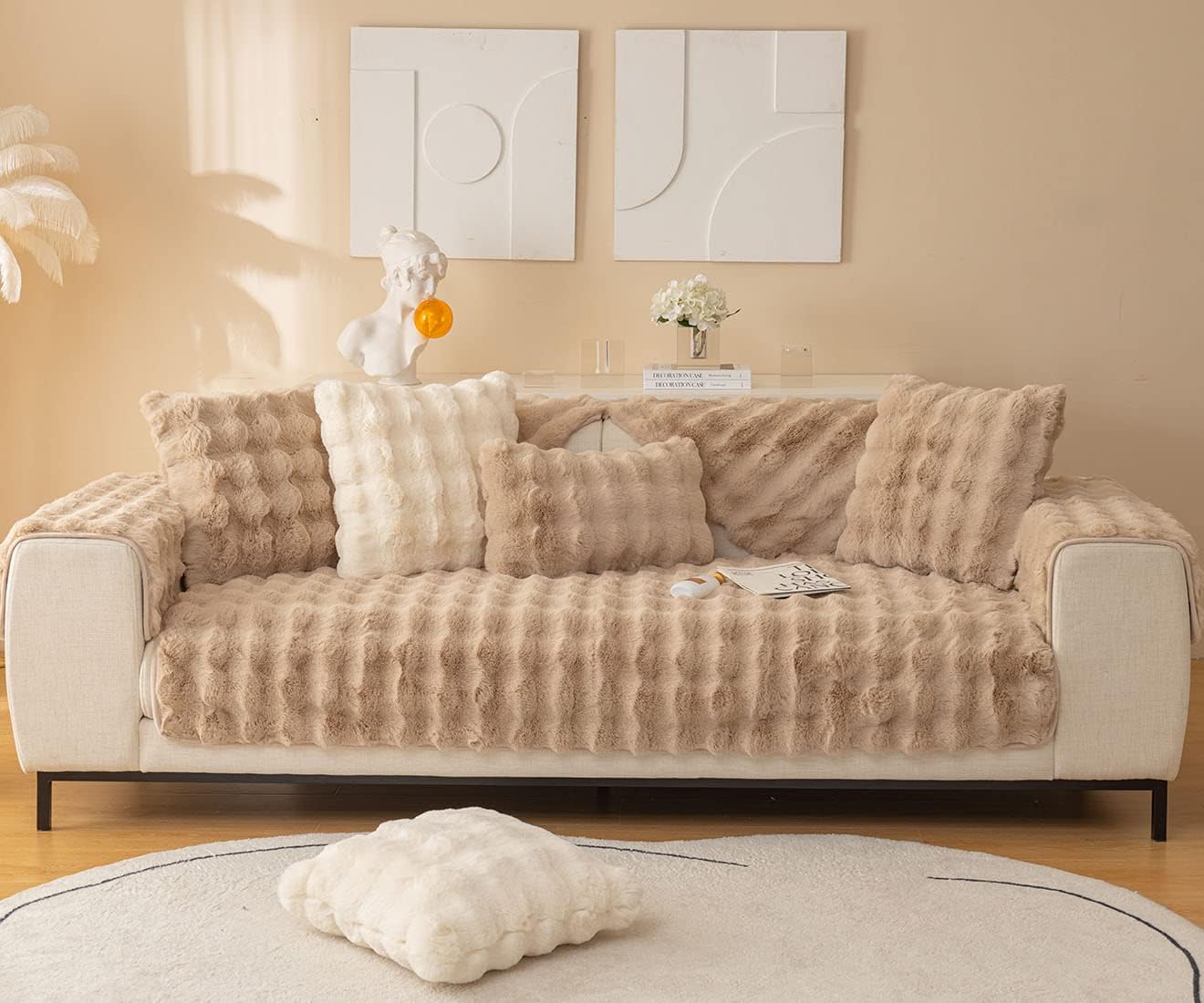 vctops Faux Fur Sofa Cover Warm Soft Shaggy Plush Couch Cover Faux Rabbit Fur Non Slip Sectional Couch Cover Fuzzy Furry Sofa Slipcover Furniture Protector for Living Room (Light Brown,28