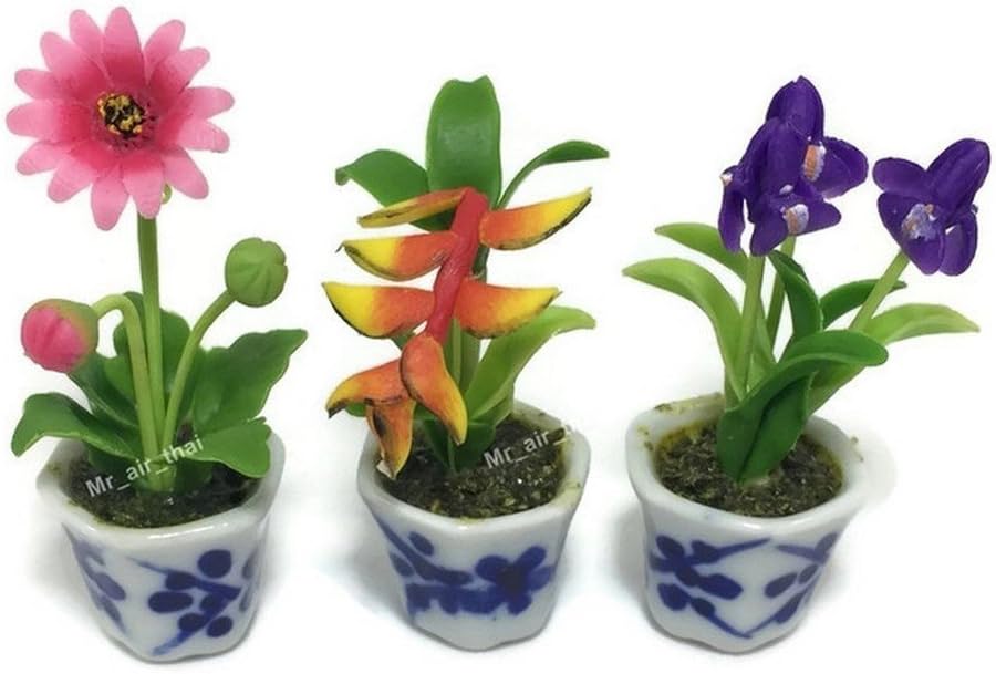 3pc Miniature Flower Clay Dollhouse Fairy Garden Mini Plant Trees Ceramic Paint Furniture Bundles Artificial Flowers Tiny Orchid #088