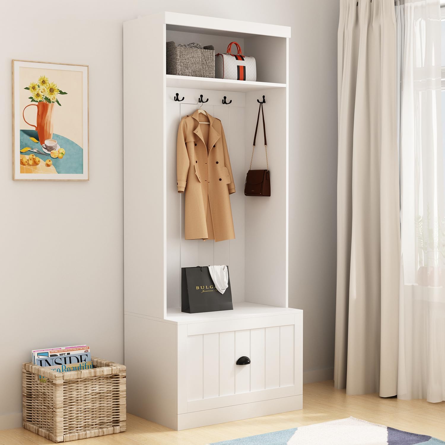 ECACAD Hall Tree with Storage Bench, 3-in-1 Entryway Bench with Coat Rack, Wooden Hall Tree with 4 Metal Double Hooks, Shelves & Drawer for Hallway, Living Room, White (27.7”W x 17.7”D x 70.9”H)