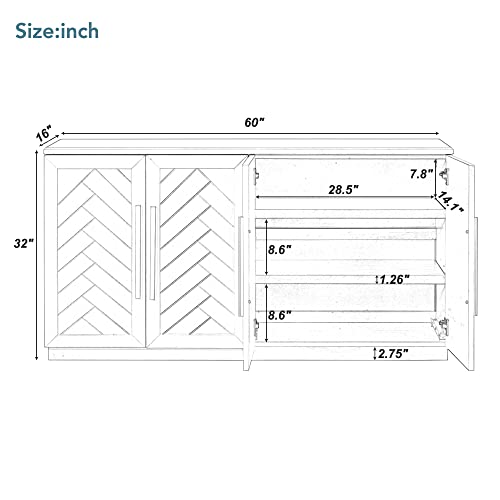 LUMISOL Storage Cabinet with Black Metal Handles, Large Storage Sideboard with Adjustable Shelf, Buffet Cabinet for Living Room Dining Room, 60” TV Console Table, Antique Natural
