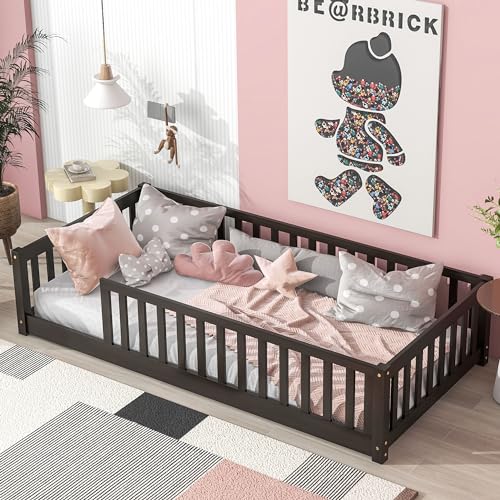 Twin Wood Bed Frame with Safety Fence, Espresso, No Box Spring Needed, Montessori Floor Bed for Kids
