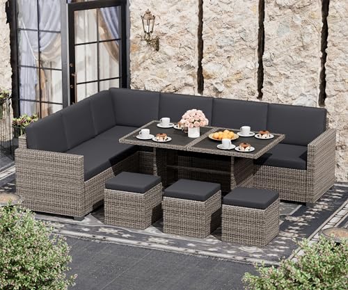 7 Piece Patio Furniture Set, Outdoor Furniture Patio Sectional Sofa, All Weather PE Rattan Outdoor Sectional with Grey Cushions and Table, Grey Wicker (Grey)