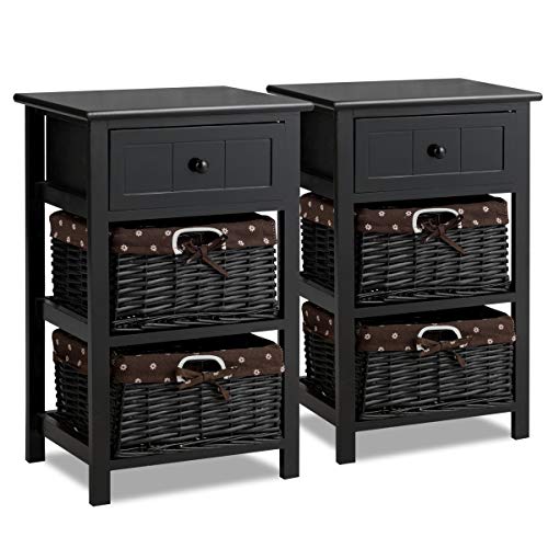 Giantex Nightstand with Drawers Wooden, W/ 2 Storage Baskets and Open Shelf for Bedroom, Bedside Sofa End Table (1, Black)