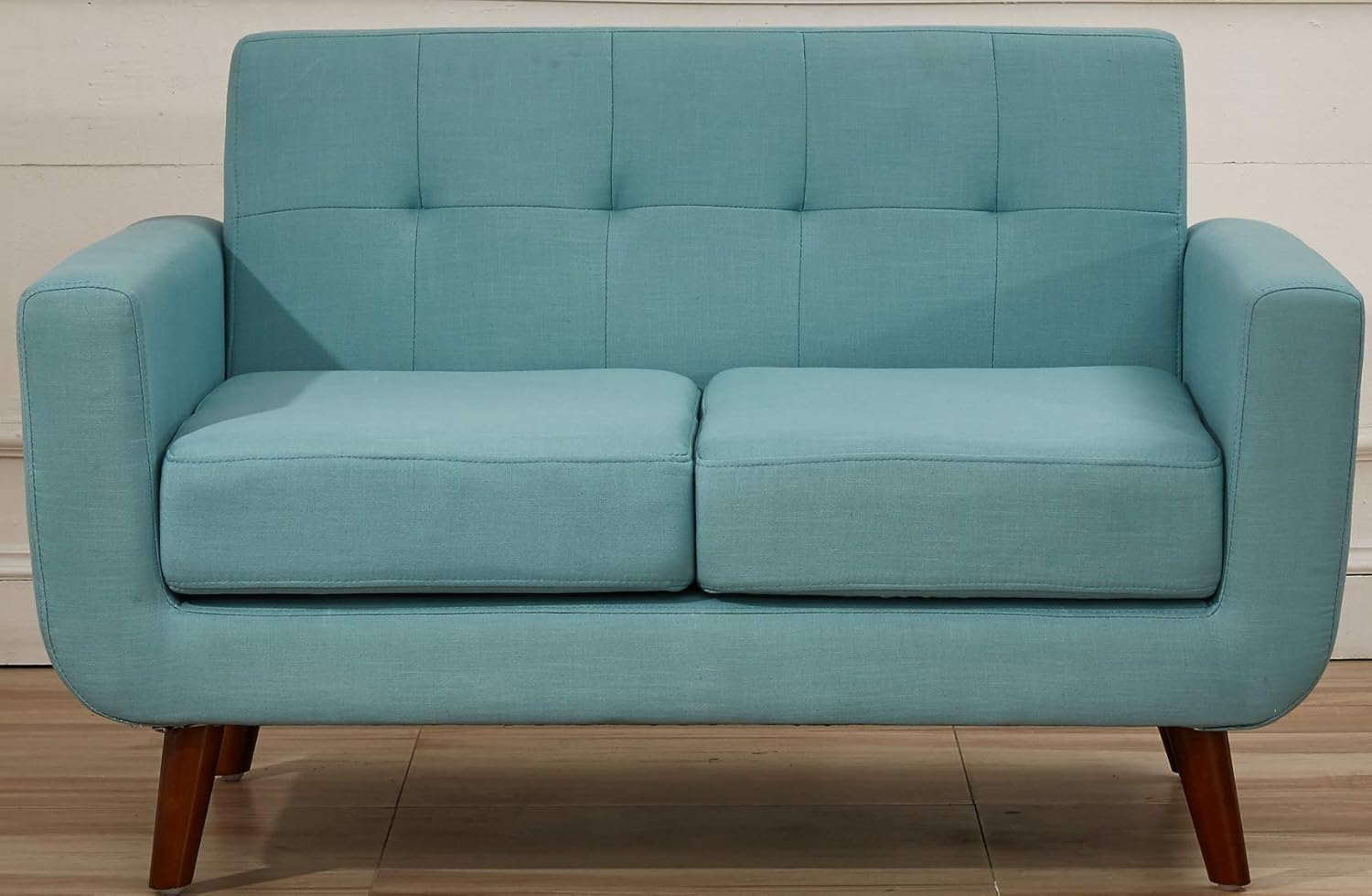 Jenny Linen Uphostered Mid-Century Modern Button Tufted Living Room Loveseat, Turquoise Sea