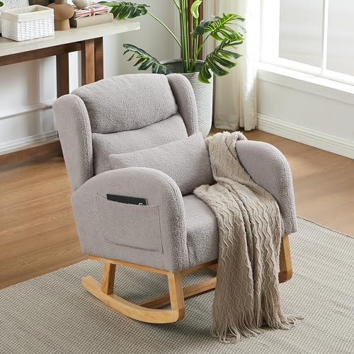 Modern Accent Rocking Chair, Upholstered Nursery Glider Rocker for Baby, Comfy Armchair with Side Pocket, Living Room Lounge Arm Chair, High Backrest with Headrest Shape Design (Army Green)