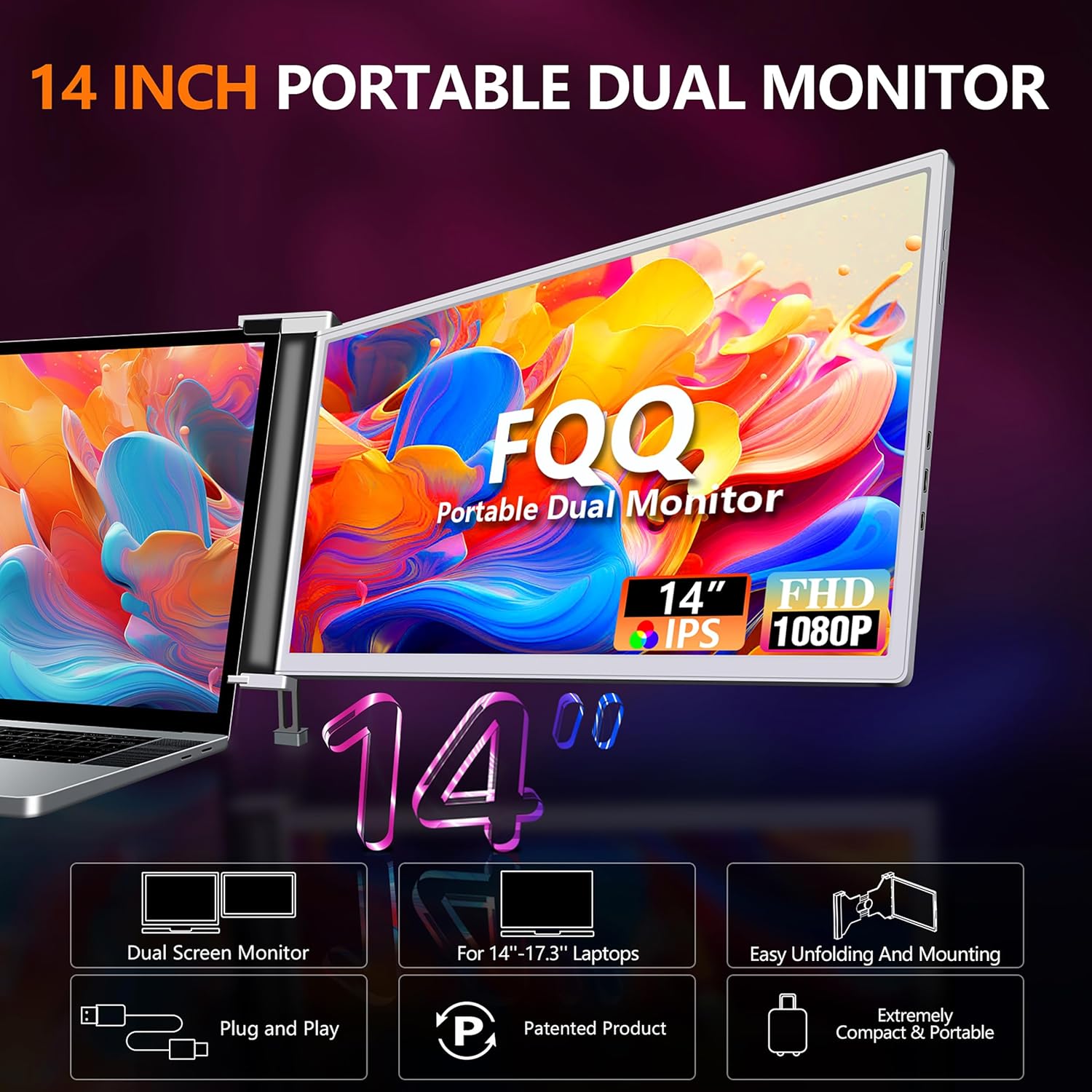 14” Dual Laptop Monitor Extender- FHD 1080P IPS Portable Screen Extender with USB-C & Mini HDMI Port, Plug & Play, Easy to Carry, Lightweight Side Screen for 14-17.3” Laptops, Switch, Xbox