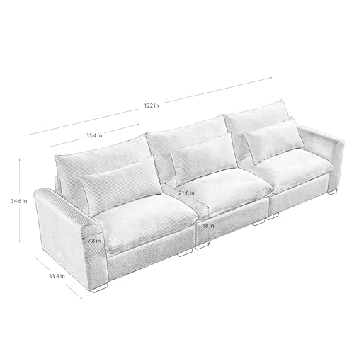 122'' Oversize Corduroy Chaise Lounge Sofa L-Shape Couch, 3-Seater Deep Seat Reclining Sleeper Couches with Storage Space for Living Room (Beige, 3-seat + 1-Footstool)