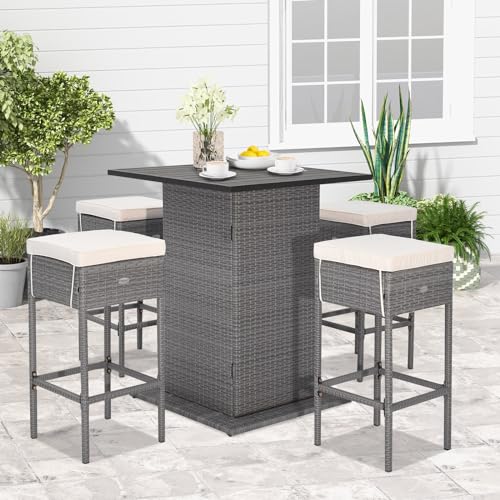 Tangkula 5 Piece Outdoor Rattan Bar Set, Patio Bar Furniture with 4 Cushions Stools and Smooth Top Table with Hidden Storage Shelf, Outdoor Conversation Set for Poolside, Backyard, Lawn (Grey-White)