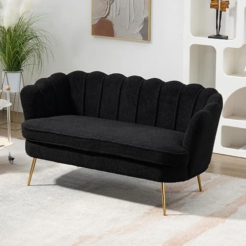 Boucle Fabric Small Loveseat Sofa with Gold Metal Legs, 59” Modern 2 Seater Sofa with Flower Backrest, Couch for Living Room Bedroom Office (Caramel)