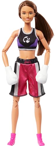 Barbie Careers Fashion Doll & Accessories, Made to Move Brunette Boxer Wearing Removable Uniform with Boxing Gloves, 22 Bendable Joints