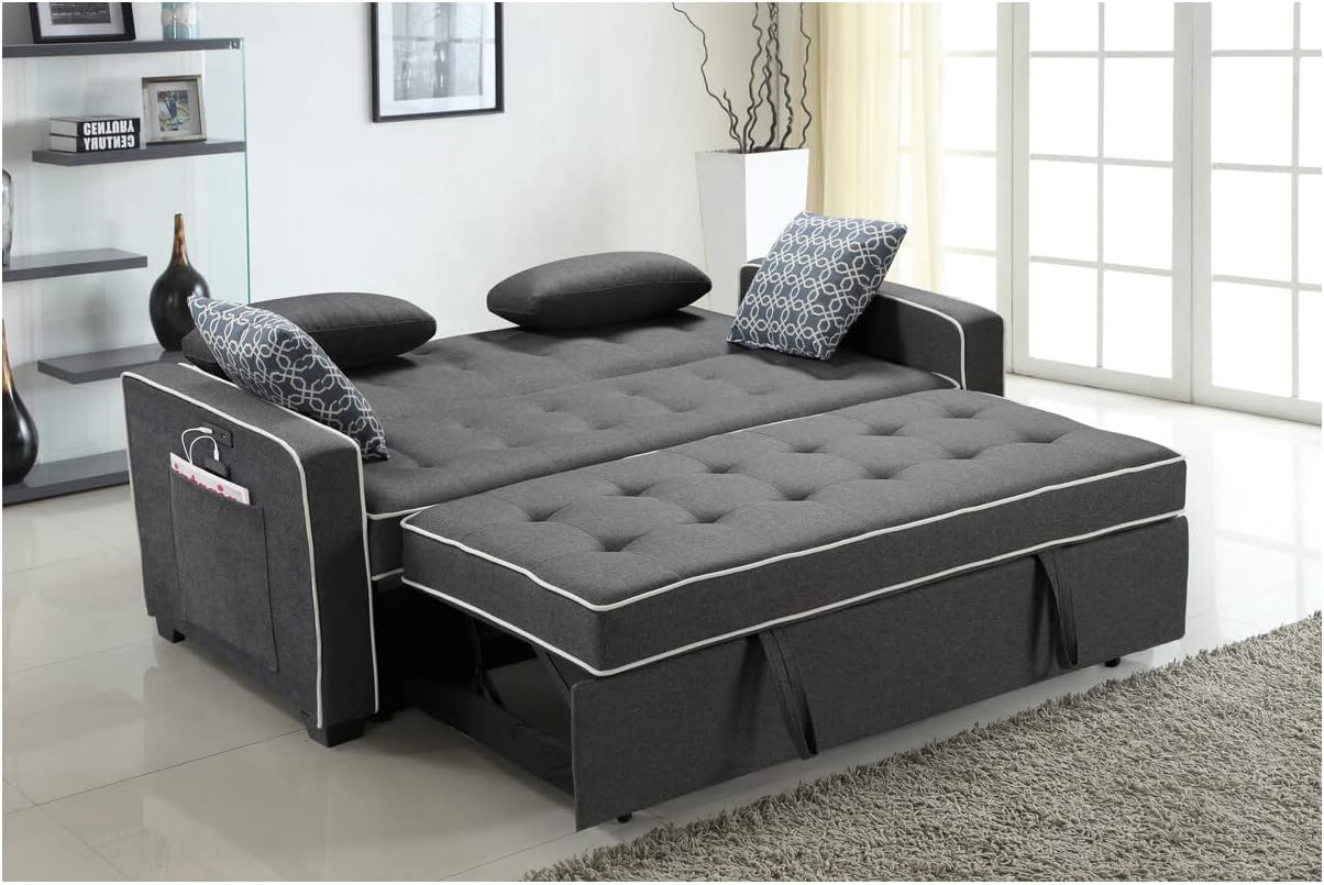 Lilola Home Austin Modern Gray Fabric Sleeper Sofa with 2 USB Charging Ports and 4 Accent Pillows