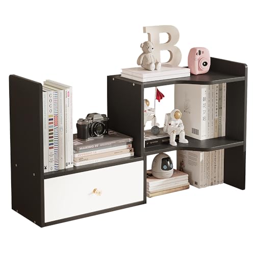 Expandable Wood Desktop Bookshelf, Freestyle Adjustable Wood Display Desk Shelf Counter Storage Rack Top Bookcase for Office & Home (Black)