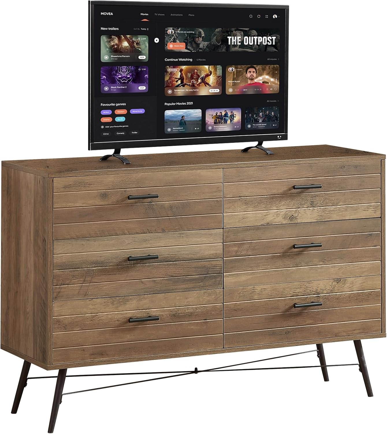 Walnut Dresser for Bedroom with 6 Drawers, Wide TV Stand, Modern Chest of Deep Cabinets and Wooden Top, Perfect for Living Room Storage, 47.2