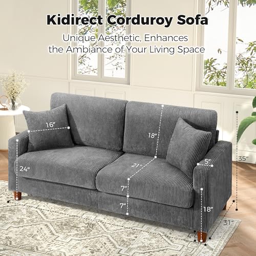 70in Grey Sofa, Couches for Living Room 21in Extra Deep Seats, Comfy Corduroy Sofas for Living Room No Tool Assembly, Modern Oversized Love Seat with 2 Pillows, Sofa Couch for Bedroom