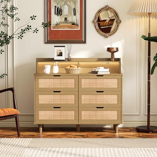 Rattan Sideboard Buffet Cabinet with 2 USB Ports and LED Lights Farmhouse Sideboard Buffet Cabinet with 6 Drawers 43