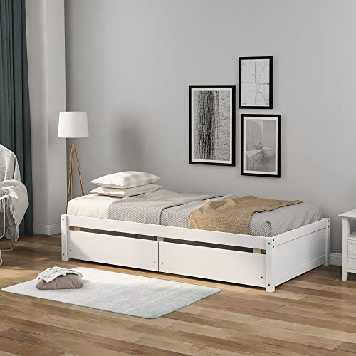 SOFTSEA Twin Size Platform Bed with Storage Drawers, Wooden Platform Bed Frame with 2 Drawers, Storage Platform Bed with Headboard, Multifunctional Storage Bed for Guestroom Bedroom, White