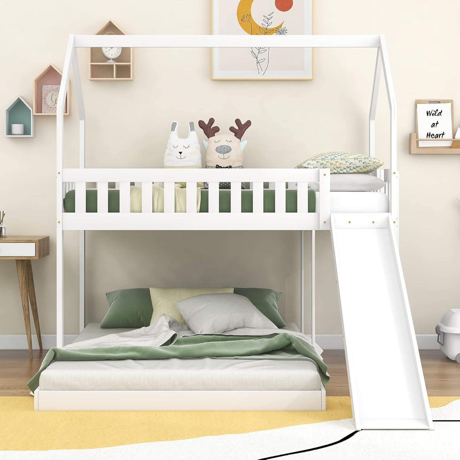 Merax Twin over Full House Bunk Bed with Slide and Built-in Ladder,Full-Length Guardrail,White