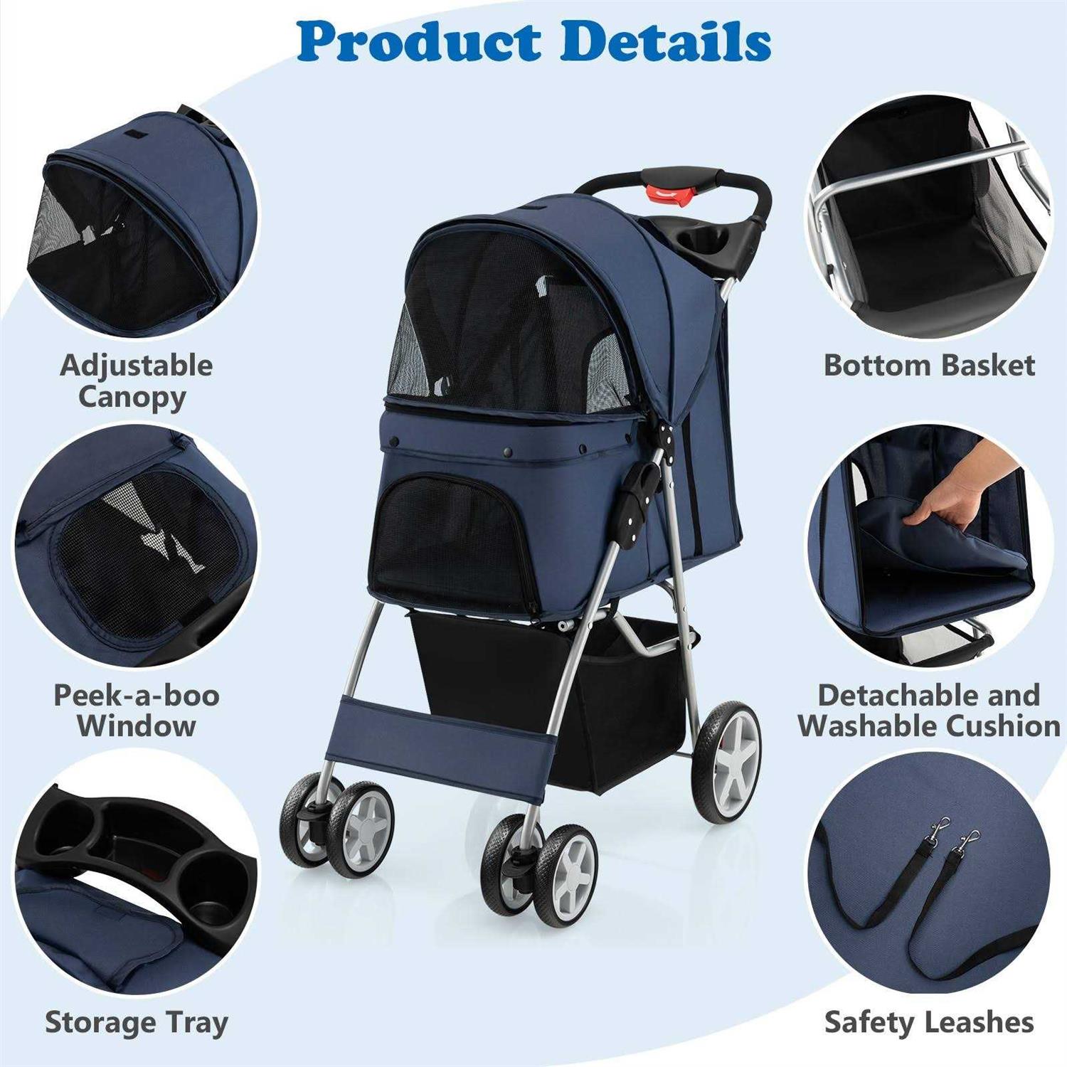 Costway Foldable 4-Wheel Pet Stroller with Storage Basket - Pet Supplies online store