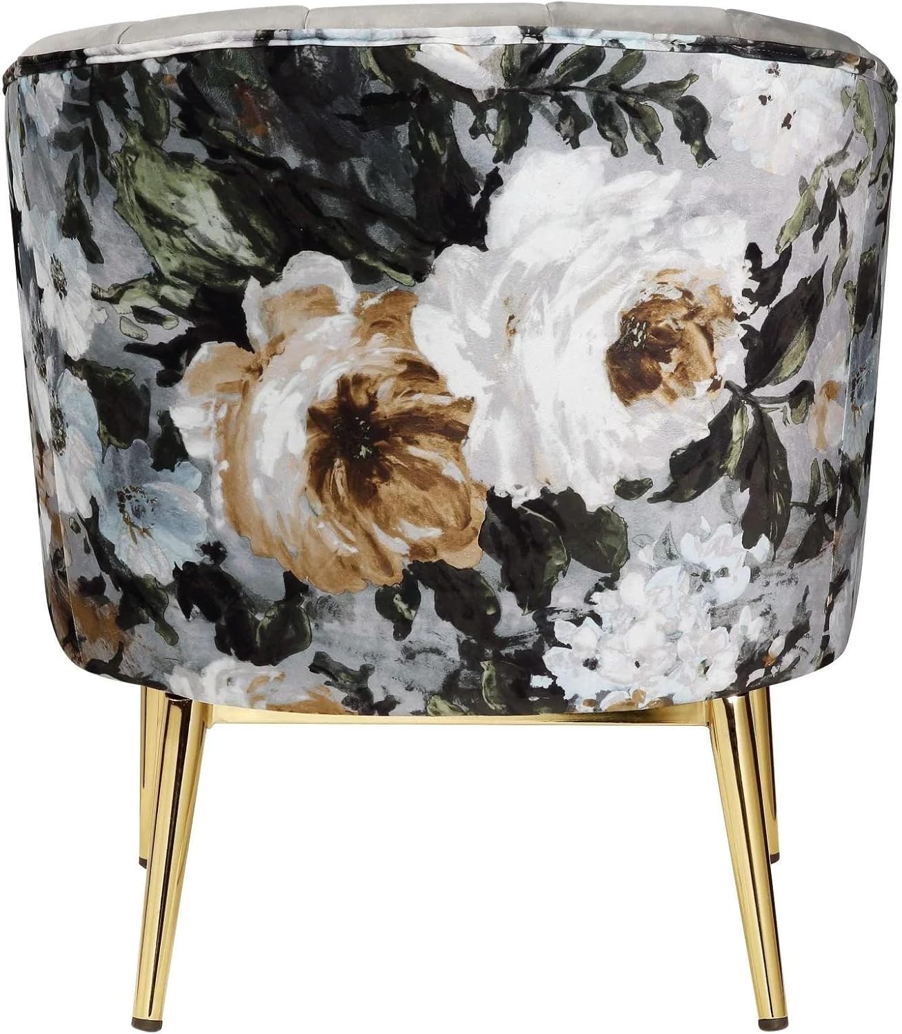 Accent Chair, Black Velvet & Gold - Contemporary Floral Crushed Velvet Lounge Chair with Barrel Backrest, Channeled Tufted Design, and Gold Finish Metal Spindle Legs