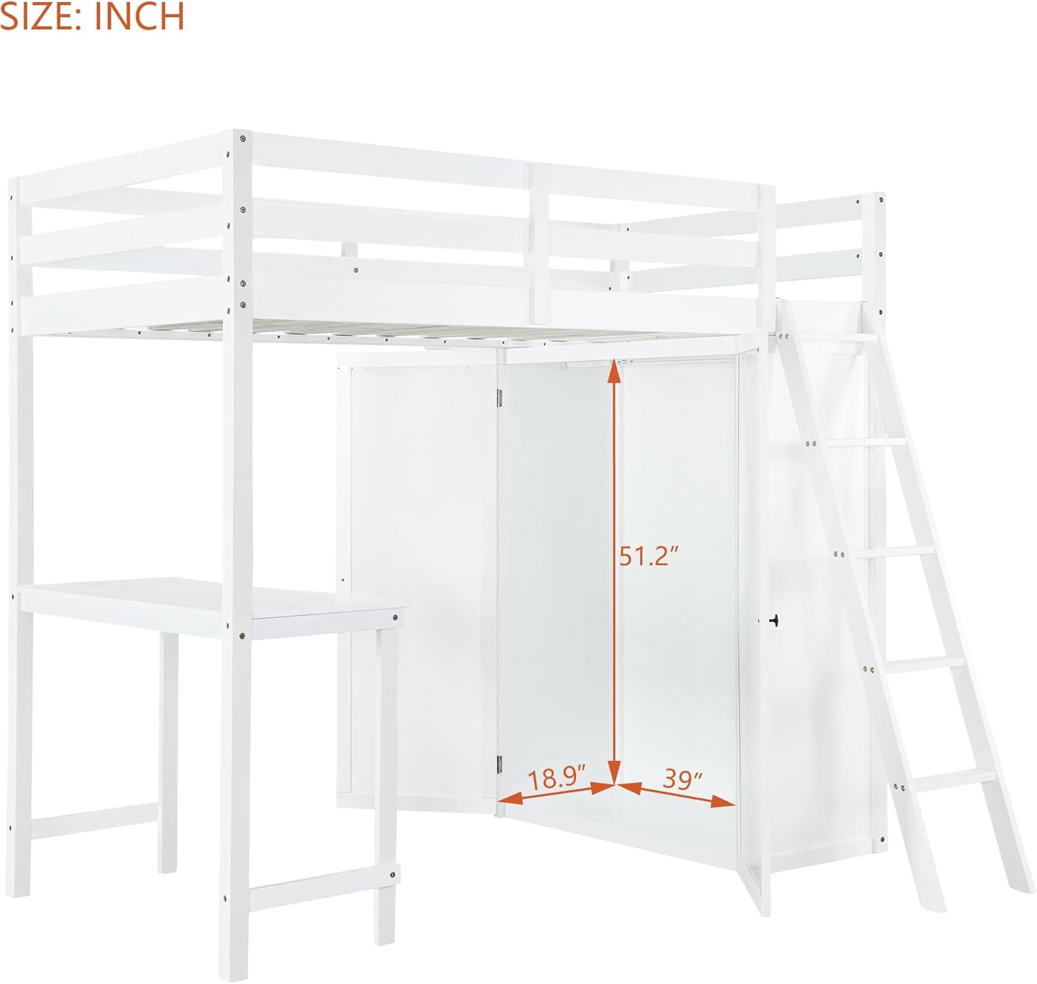 Wooden Loft Bed with Desk and Storage Wardrobe, Twin Size High Loftbed with Closet, for Kids Teens Adults Bedroom, White