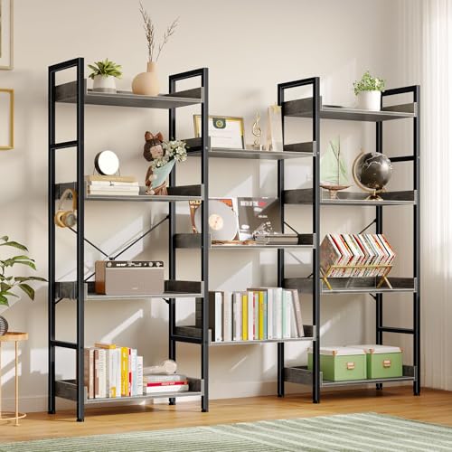 Rolanstar Bookshelf 5 Tiers with 4 Hooks, Triple Bookcase with Open Display Shelves, Industrial Wide Bookshelf with Metal Frame for Living Room, Office, Grey