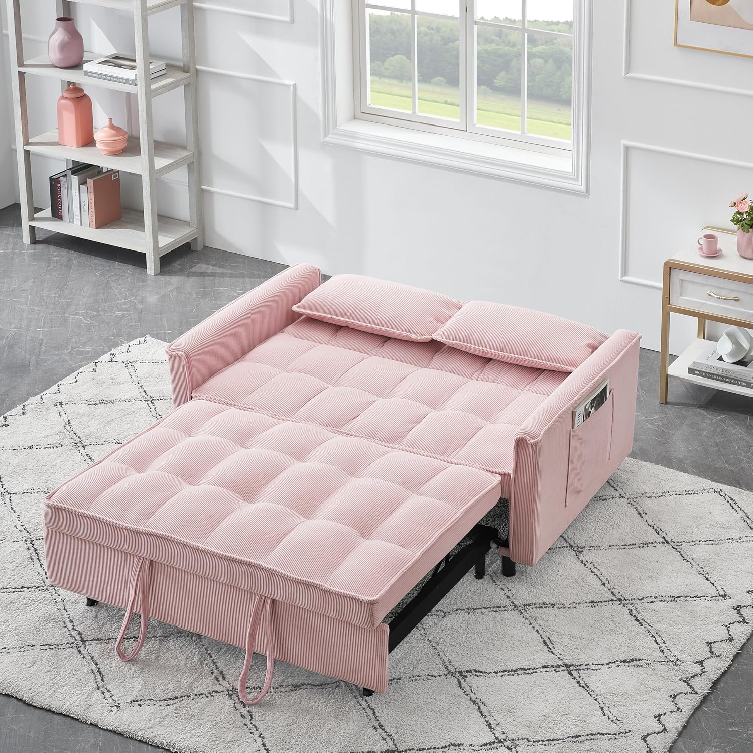 Sleeper Couch, 3 in 1 Convertible Modern Sofa Bed,Pull Out CouchBed Daybed with Adjustable Backrest & Storage Pocket & Pillow for Living Room Bedroom,Pink