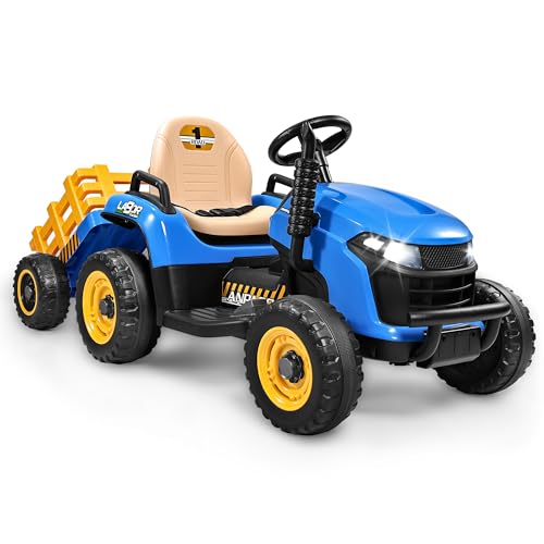 ANPABO 24V Ride On Tractor w/Tiltable & Detachable Trailer, EVA Tires, Up to 4.3Mph, Ride On Toys with Parental Remote, Realistic Tractor Sound & Chimney, Music Player, LED Light, Blue