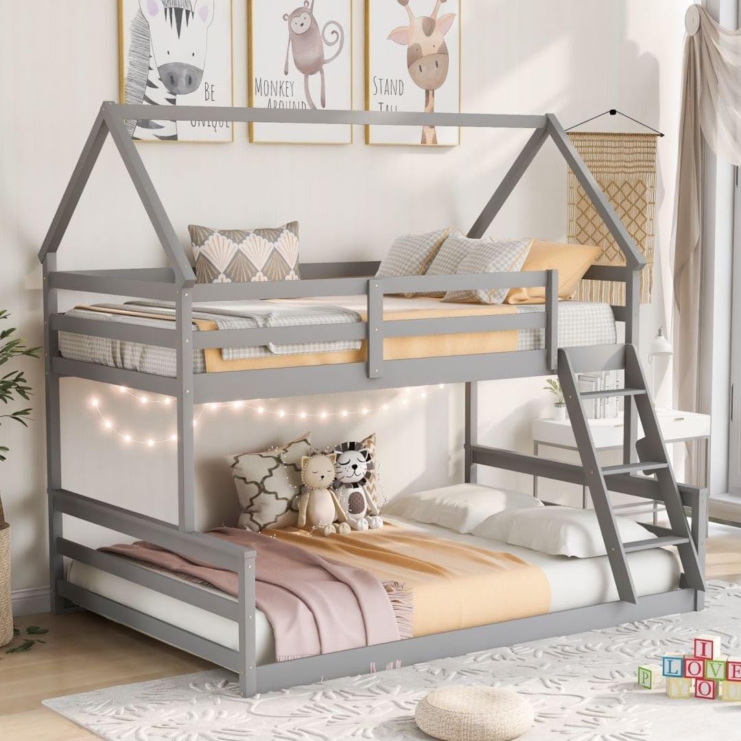 Grey Twin Over Full House Bunk Bed with Built-in Ladder Mission Craftsman Wood Assembled