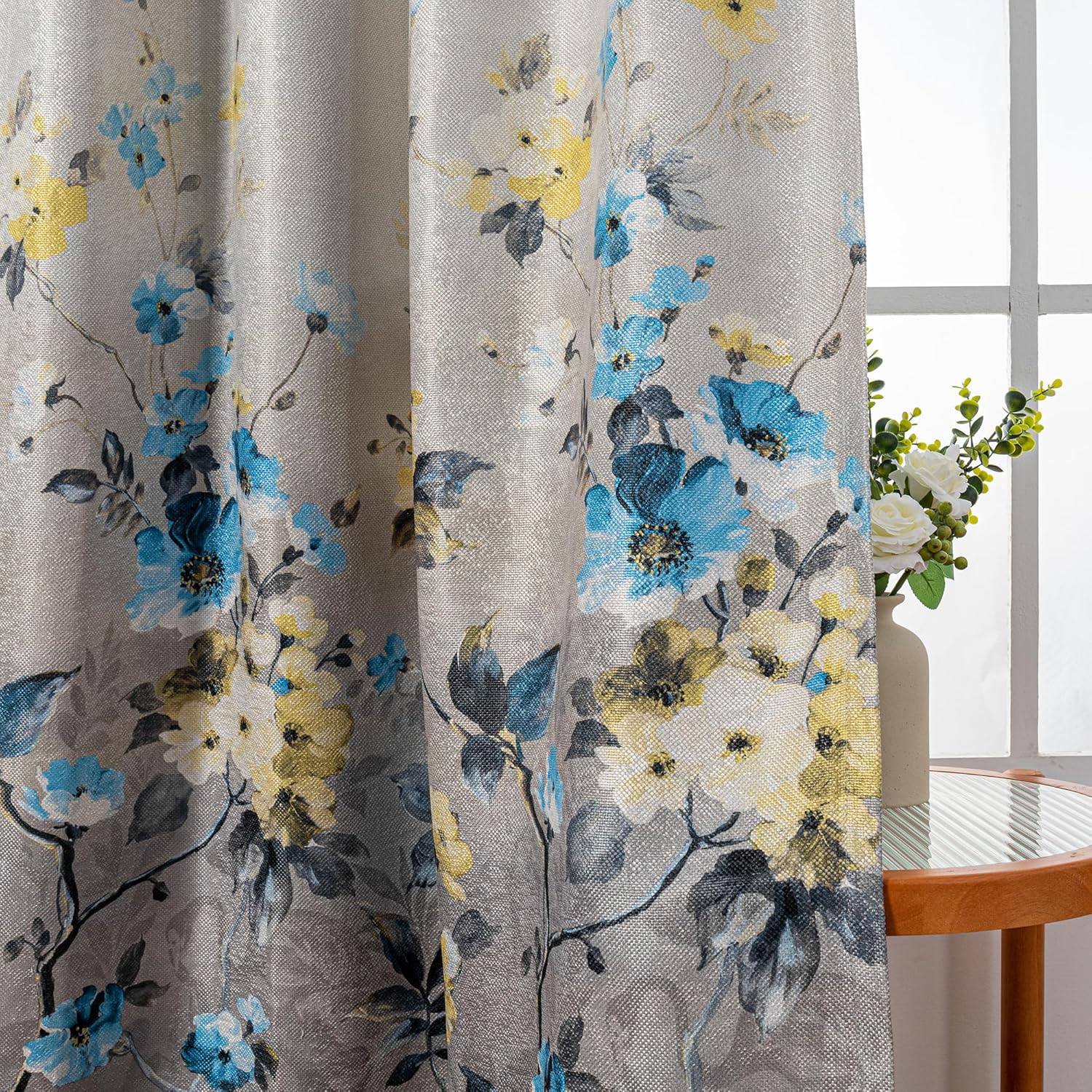 MYSKY HOME Blue Curtains 95 inches Long Set of 2 Panels Printed Flower Grommet Thermal Insulated Linen Look Textured Curtains for Living Room, Bedroom, Blue and Grey
