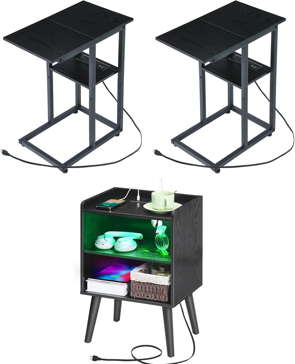 Night Stand with Fast USB-C Port, Bedside Table with LED Light for Bedroom, Mid Century Modern Nightstand, Side Table with Charging Station Set of 2 - Small C Table Narrow End Table