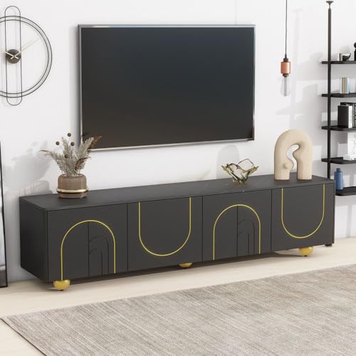 TV Stand for Up to 80 Inch TV, Modern Handlefree Entertainment Center with Storage Cabinets and Adjustable Shelf, Media TV Console Table with Marble Top and Round Gold Legs for Living Room