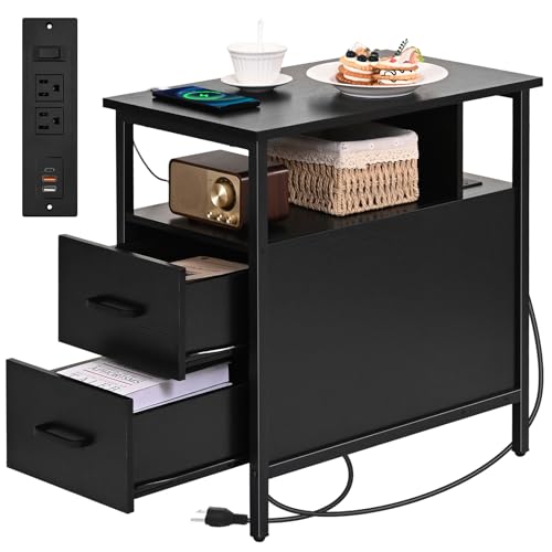 Black Side Tables, End Table with Charging Station, Narrow End Table with 2 Wooden Drawers, USB Ports and Power Outlets, Slim Nightstand and Bedside Table, End Tables Living Room, Bedroom