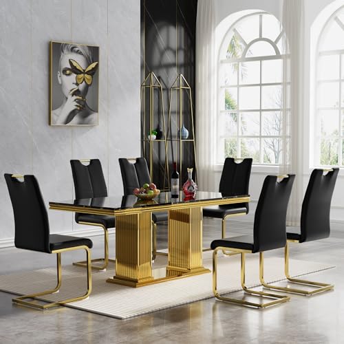 HomVent 70.08'' Faux Marble Dining Table Set for 8, Faux Marble Dining Table & Chair Sets, Modern Rectangle Faux Marble Table Top & Stainless Steel Base (White, 1 Table with 8 Grey Gold Chairs)
