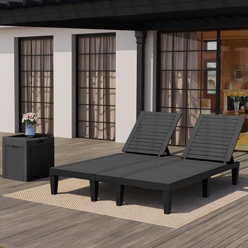 YITAHOME 2-in-1 Outdoor Chaise Lounge Chairs with Adjustable Backrest, Sturdy Loungers for Patio & Poolside, Easy Assembly & Waterproof with 530lbs Weight Capacity, Resin, Set of 2, Black