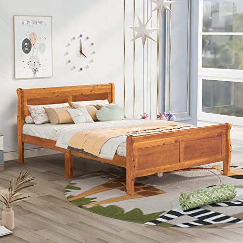 Twin Size Platform Bed Frame with Headboard & Footboard, Classical Wood Platform Bed with Sturdy Wood Slat Support, No Box Spring Needed for Family Bedroom Living Room Boys Girls (Oak, Twin)