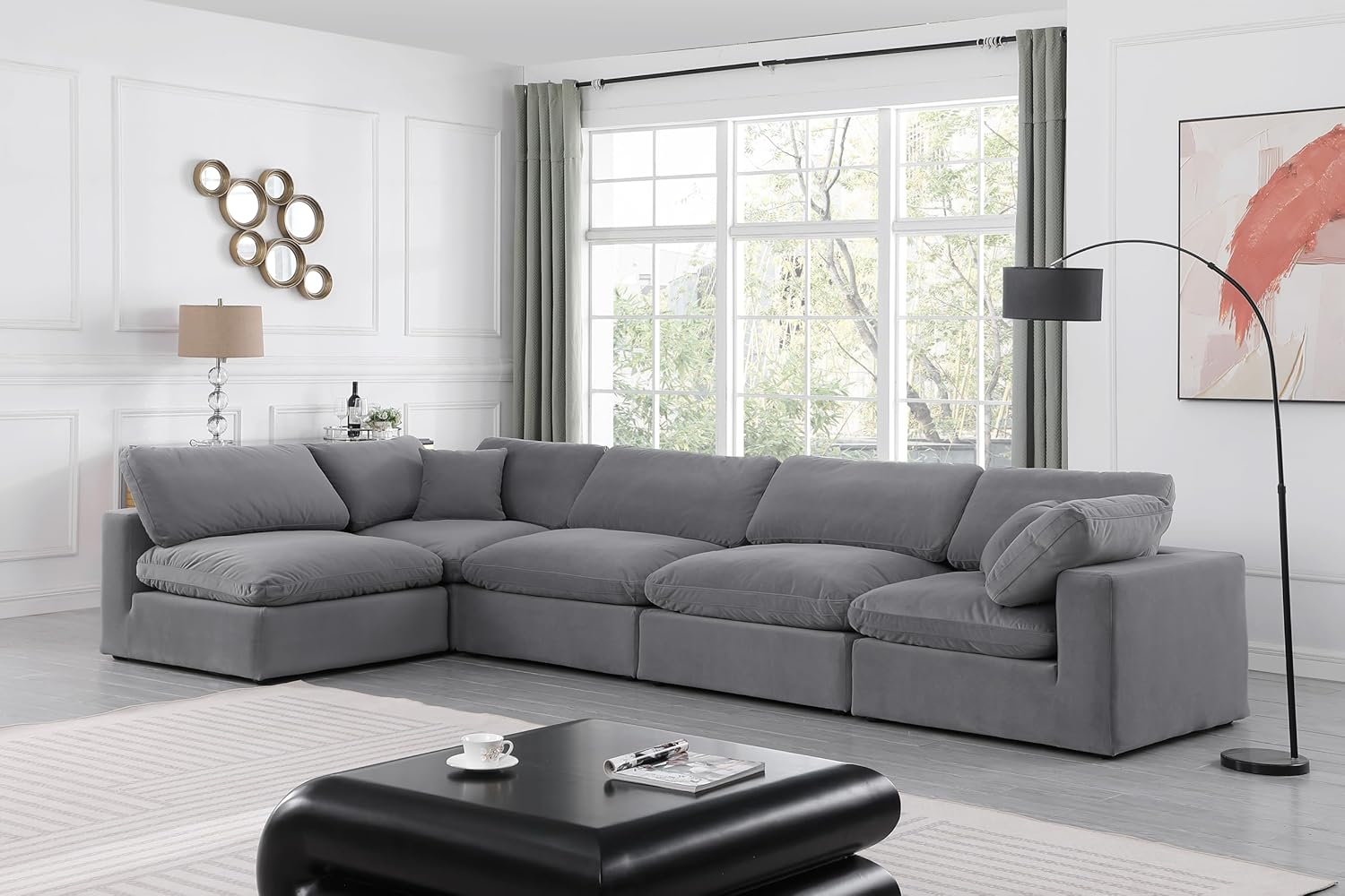 Meridian Furniture Comfy Collection Modern | Contemporary Upholstered Modular Sectional with Soft Velvet, Down Feather Cushions, 158