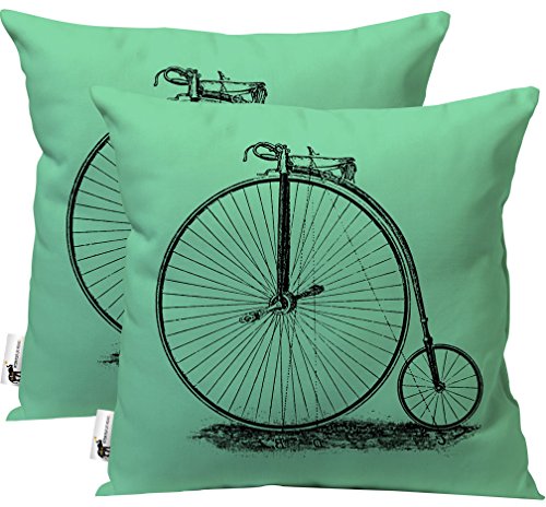 Green Retro Furniture Pillows - Vintage Penny Farthing Bicycle Art | UBU Republic (20X20)