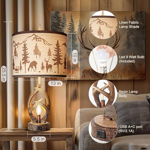Rustic Traditional 350° Adjustable Swing Arm Table Lamp Set of 2 with USB A+C Ports Brown Finish Cream Shade Vintage Nightstand lamp for Living Room Bedroom Office (LED Bulb Included)