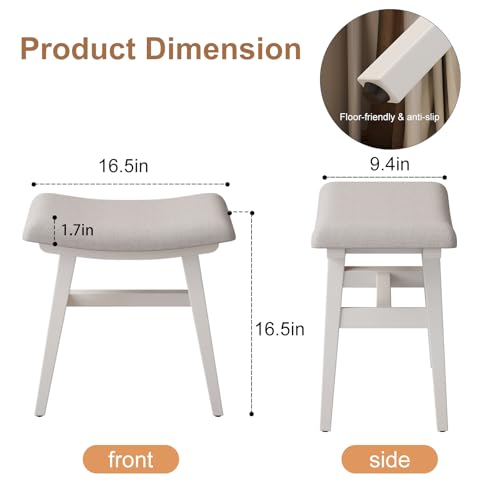 Solid Wood Vanity Stool, Saddle Cushion Vanity Bench with High-strength Rebound Sponge, Easily Assembly, Vanity Chair, Foot Stool, Makeup Stool for Bedroom, Entryway(White)