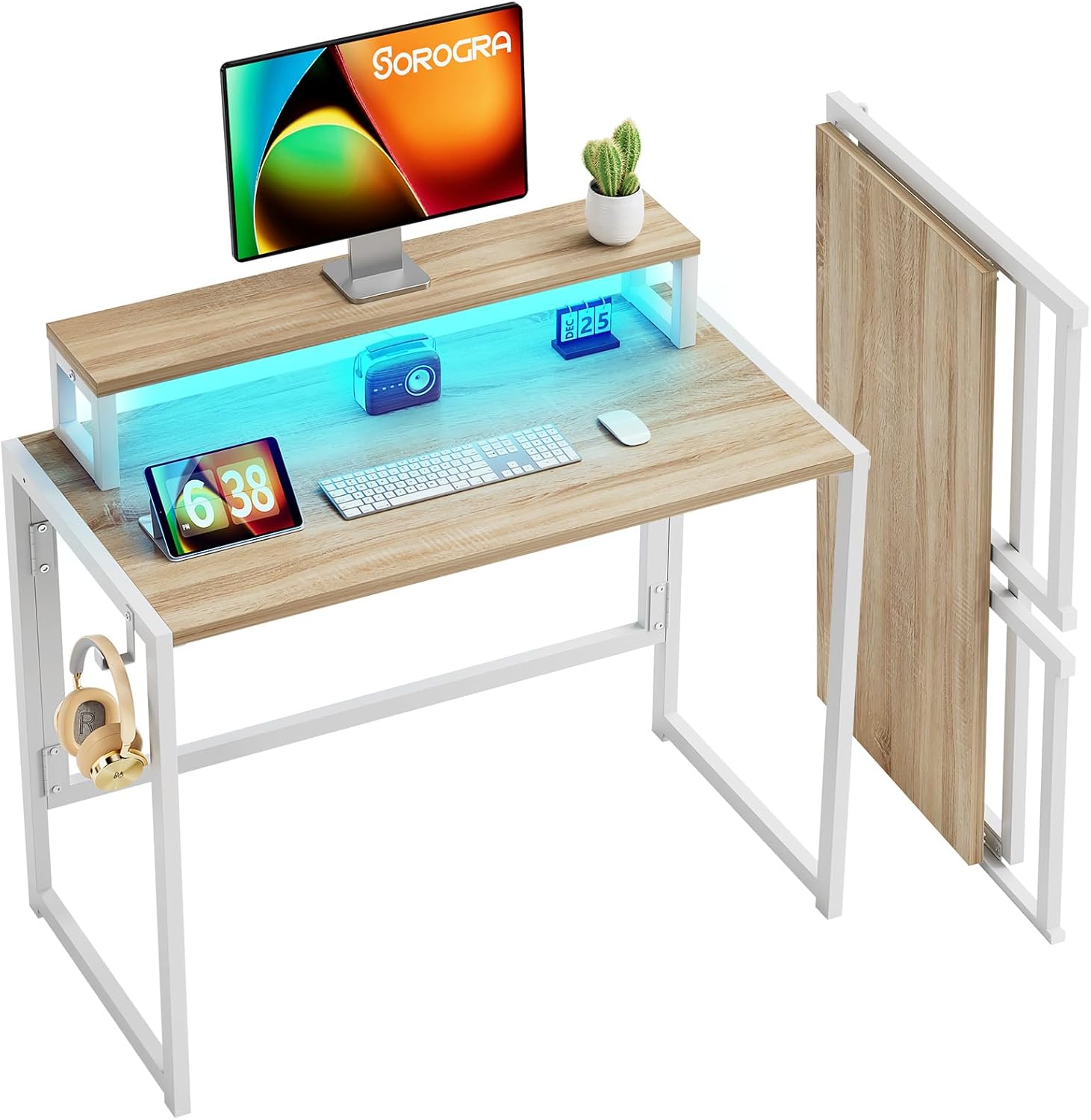 Coavas 31.5 inch Folding Desk No Assembly Required, 31.5 inch with Led Lights for Small Space Computer Gaming Table with Monitor Shelf for Home Office Bedroom