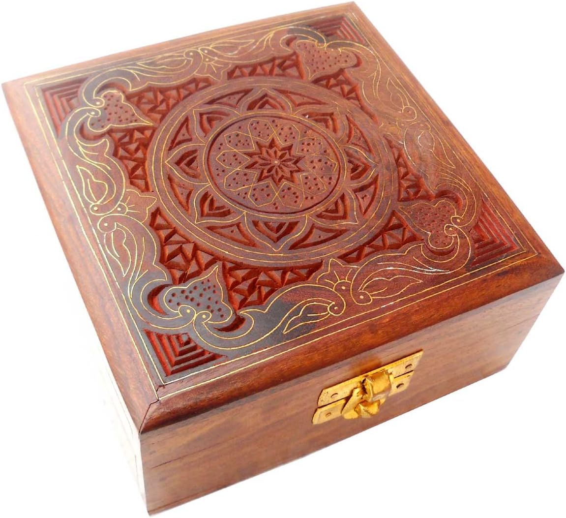 Elegant Design Hand Made Indian Brass Inlay Sheesham Wood Jewelry Box - Size 5