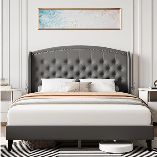 GAOMON Full Size Bed Frame, Upholstered Platform Bed Frame with Wingback Headboard, Soft Velvet and Button Rivet Tufted Design, Wood Slat Support, No Box Spring Needed, Easy Assembly (Black)